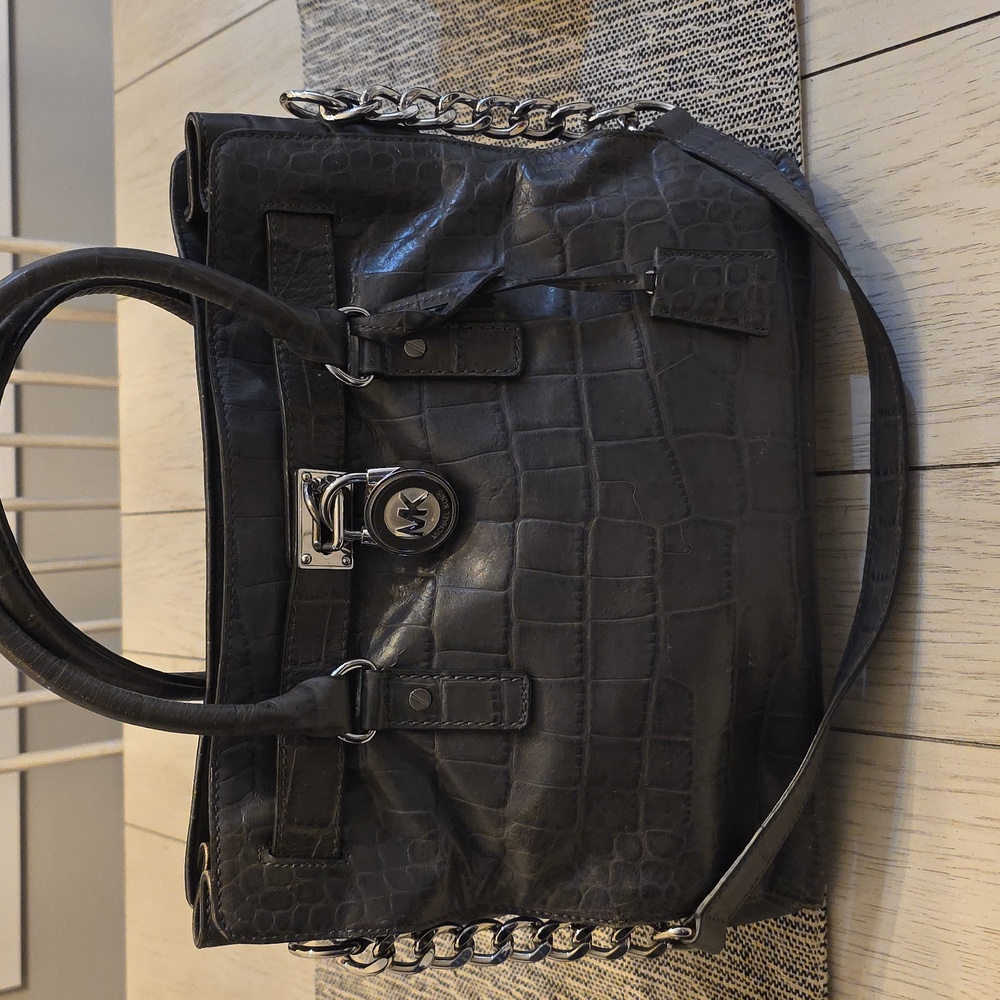 Michael Kors Dillon  Gray Crocodile-Embossed Large Shoulder Bag Satchel - Picture 4 of 14